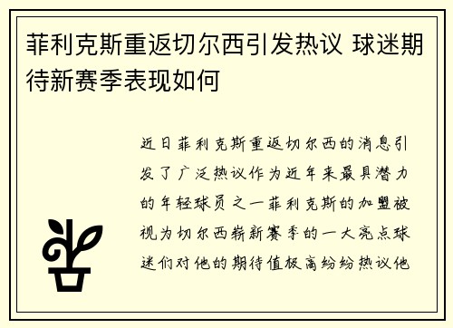 菲利克斯重返切尔西引发热议 球迷期待新赛季表现如何 菲利克斯重返切尔西引发热议 球迷期待新赛季表现如何